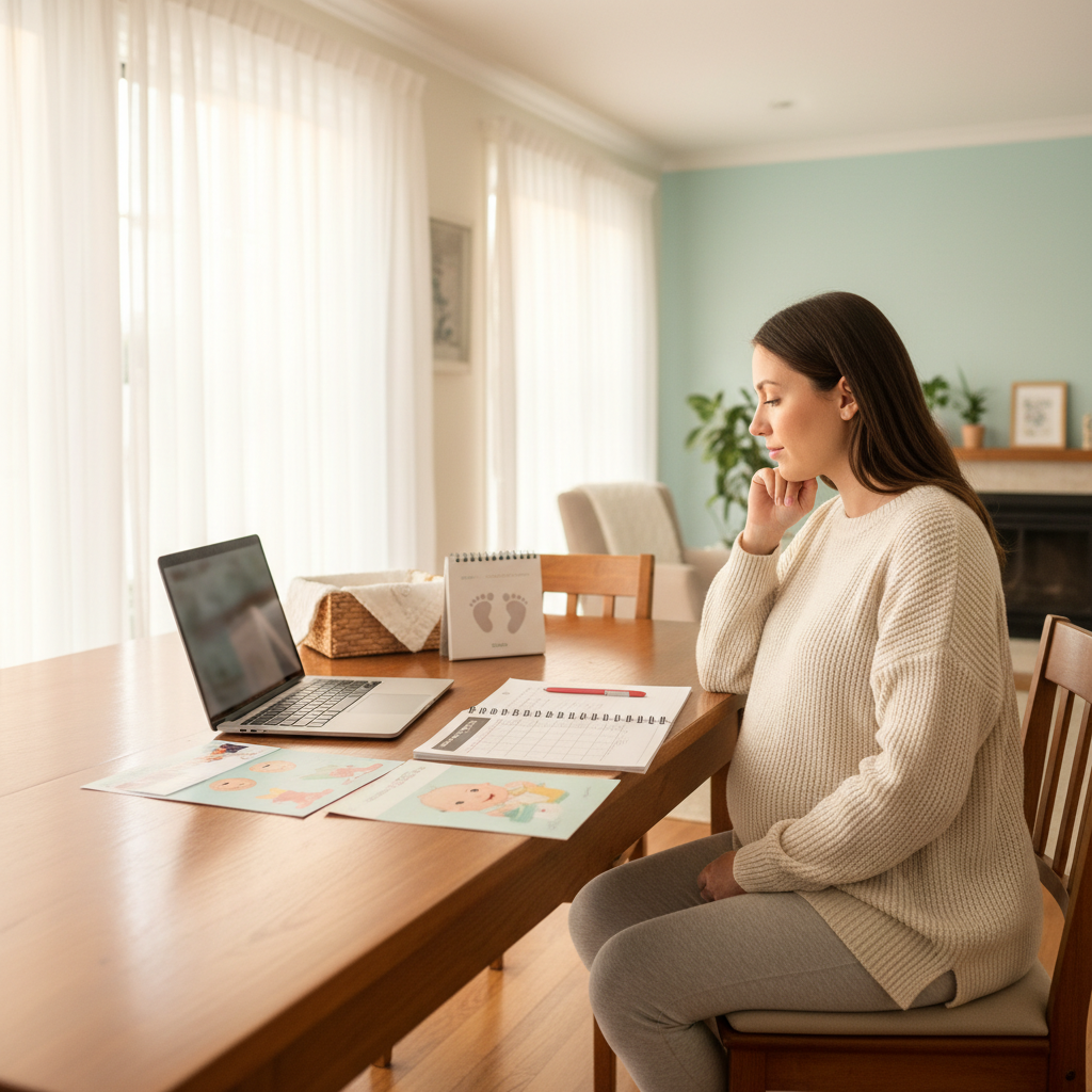 Pregnant woman planning for childcare at home with notes, laptop, and soft sunlight.