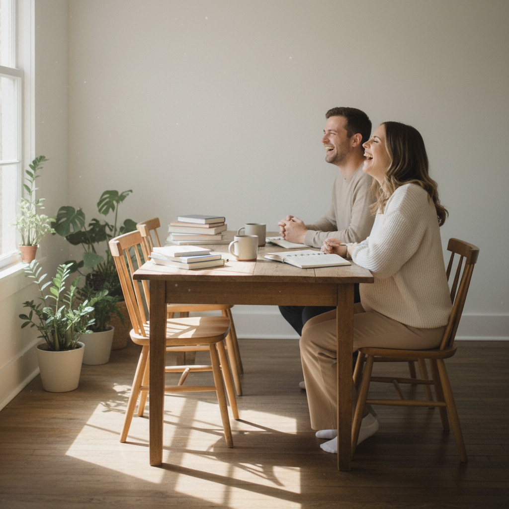 Expecting couple sharing a joyful moment at the kitchen table while discussing baby names.