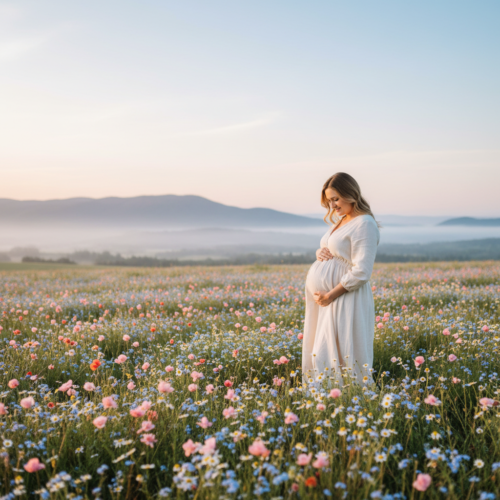 Pregnant woman in soft daylight, hands on belly, surrounded by wildflowers, evoking wonder at prenatal development.