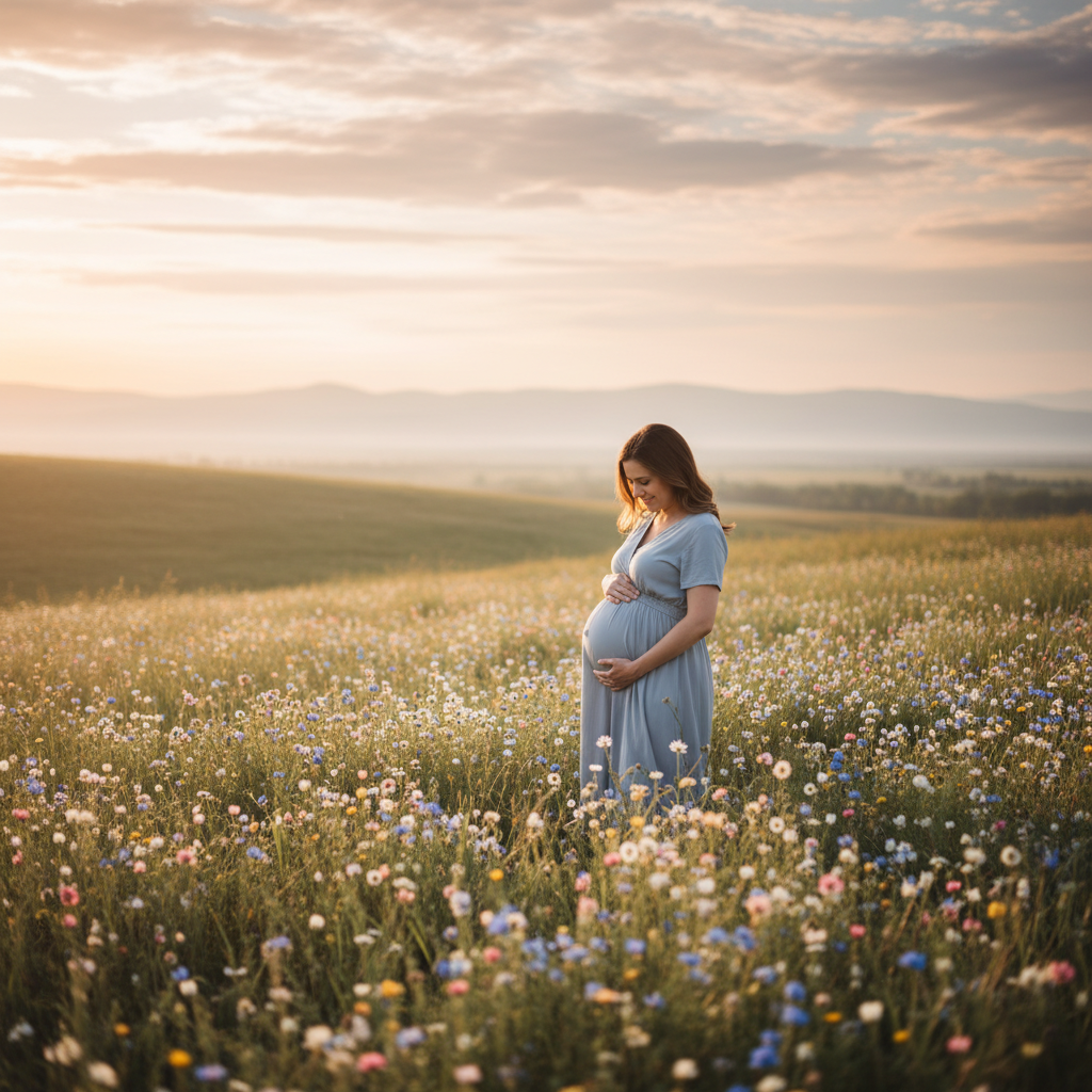Pregnant woman in soft daylight, hands on belly, surrounded by wildflowers, evoking wonder at prenatal development.