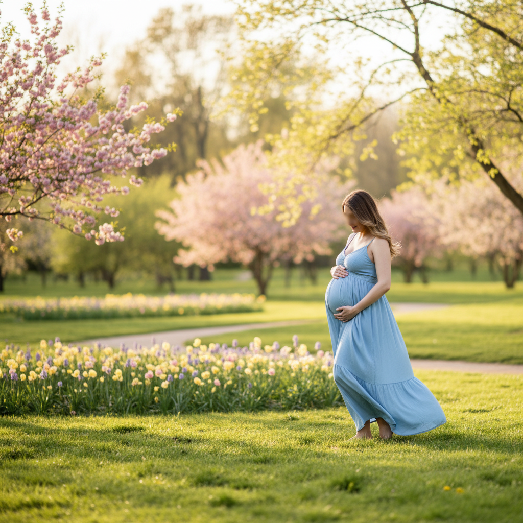 Pregnant woman holding her belly, walking through a sunlit park with soft blooms in landscape view.
