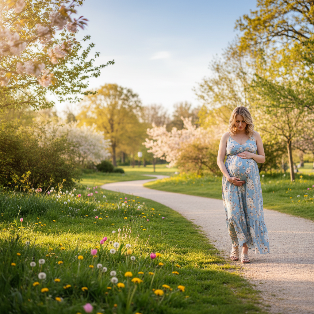 Pregnant woman holding her belly, walking through a sunlit park with soft blooms in landscape view.