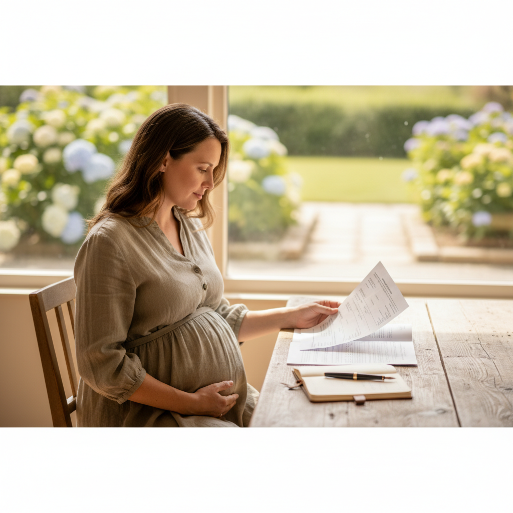 Pregnant woman at a table reading her prenatal report with a notebook and pen in a warmly lit room