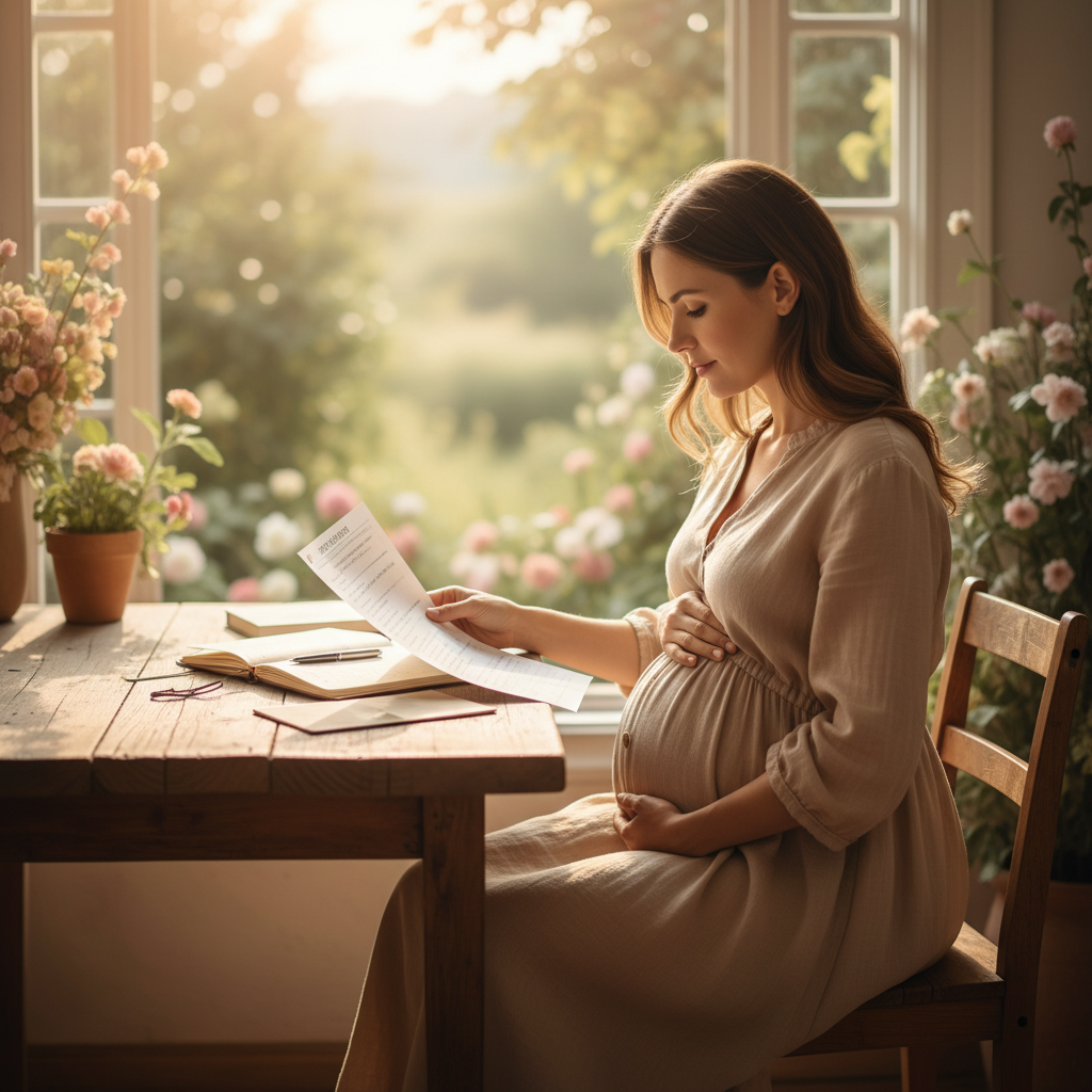 Pregnant woman at a table reading her prenatal report with a notebook and pen in a warmly lit room