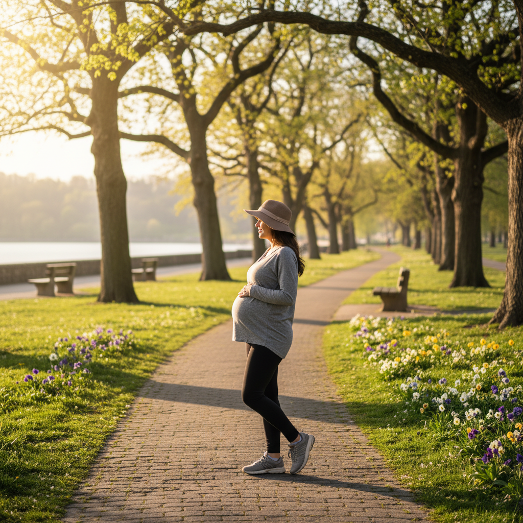 Pregnant woman walking peacefully in a sunny park, enjoying gentle exercise during her second trimester.