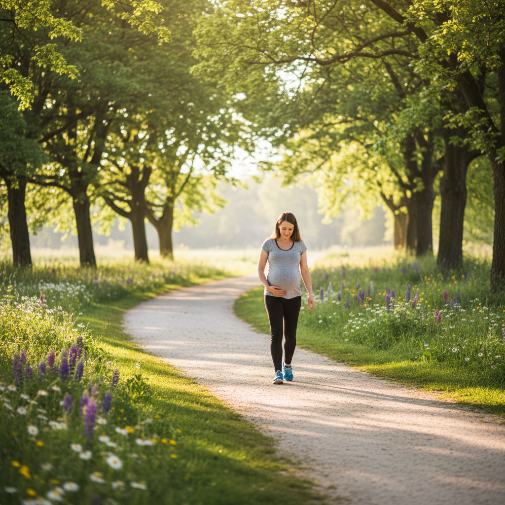 Pregnant woman walking peacefully in a sunny park, enjoying gentle exercise during her second trimester.