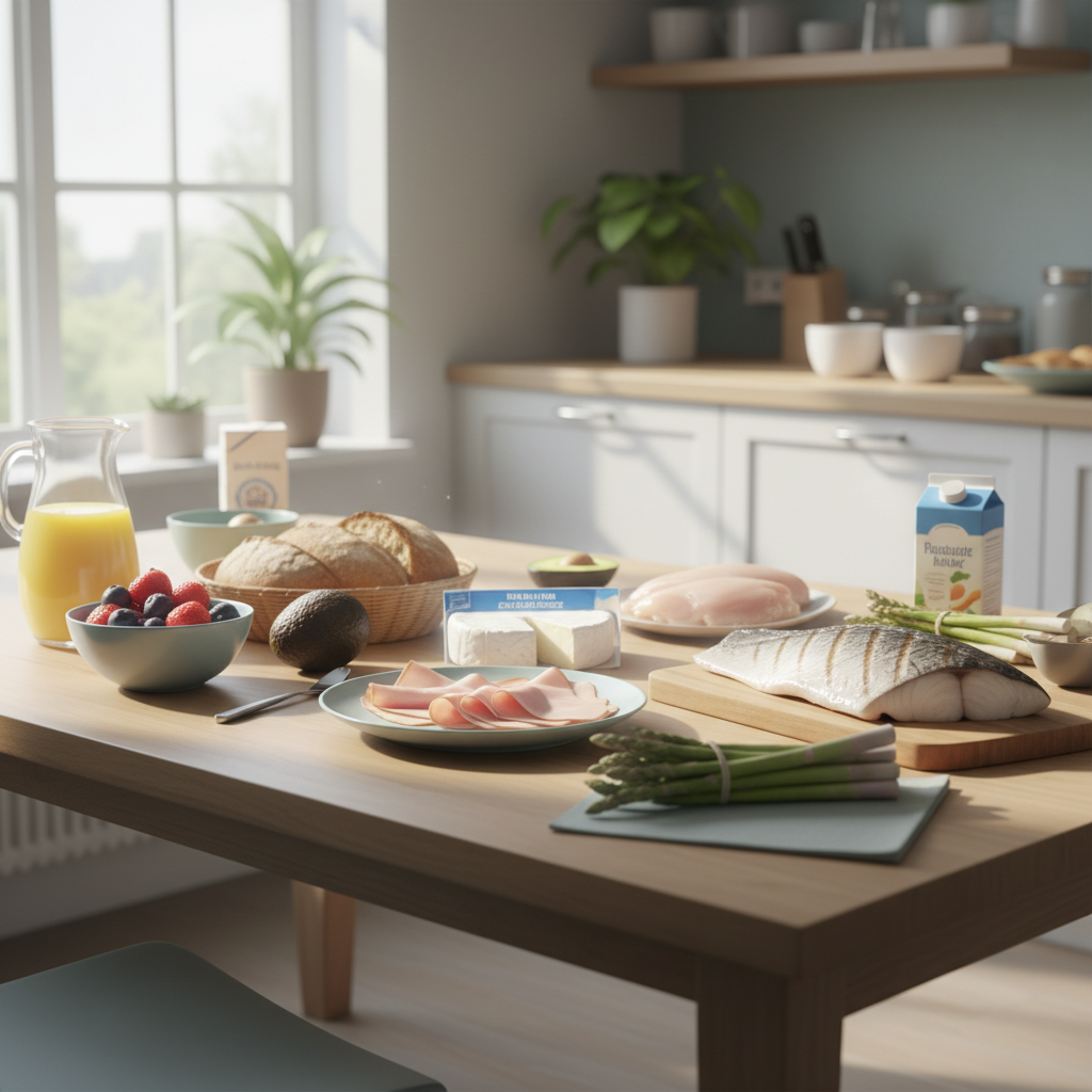 A wide, softly-lit table with assorted foods including fish, cheese, and meats, some set apart as cautionary choices.