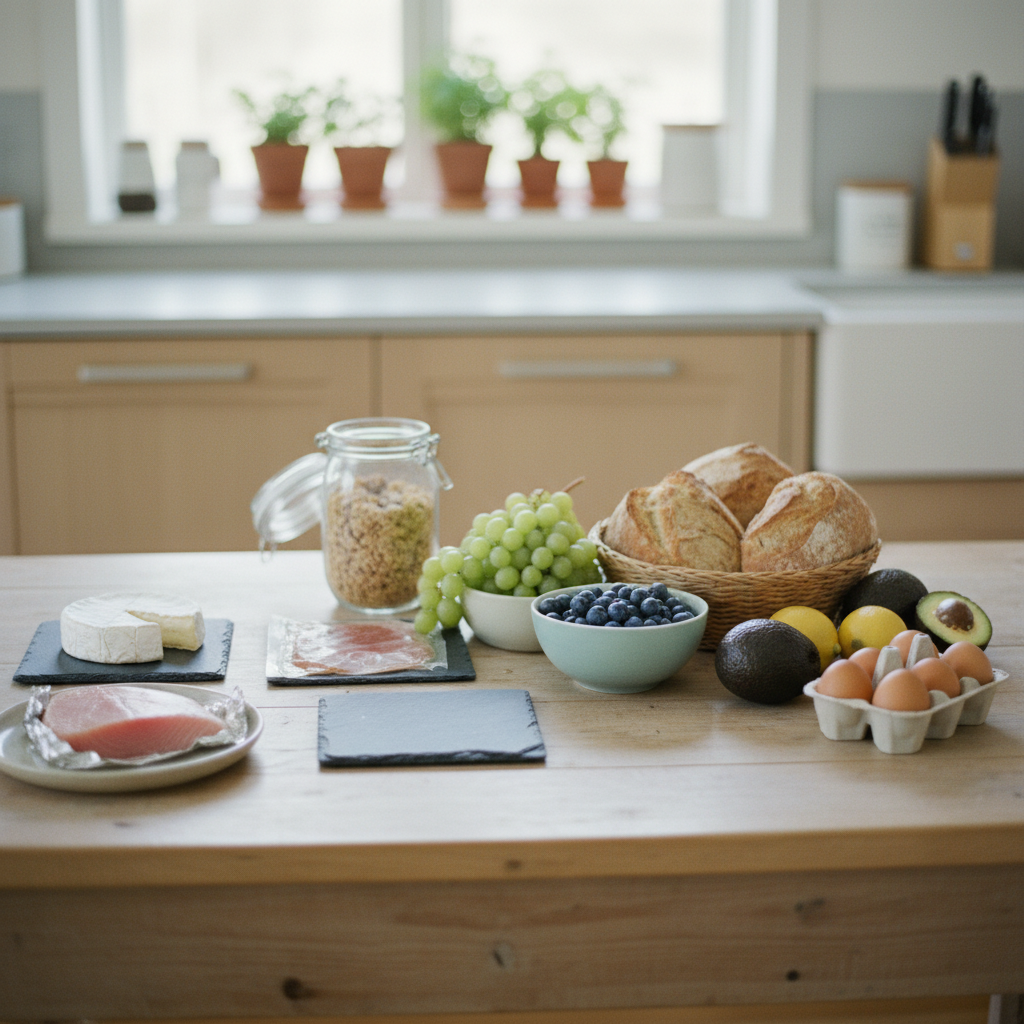 A wide, softly-lit table with assorted foods including fish, cheese, and meats, some set apart as cautionary choices.