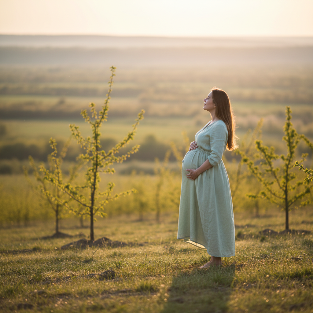Pregnant woman in profile outdoors, gently touching her belly against a soft sunrise.