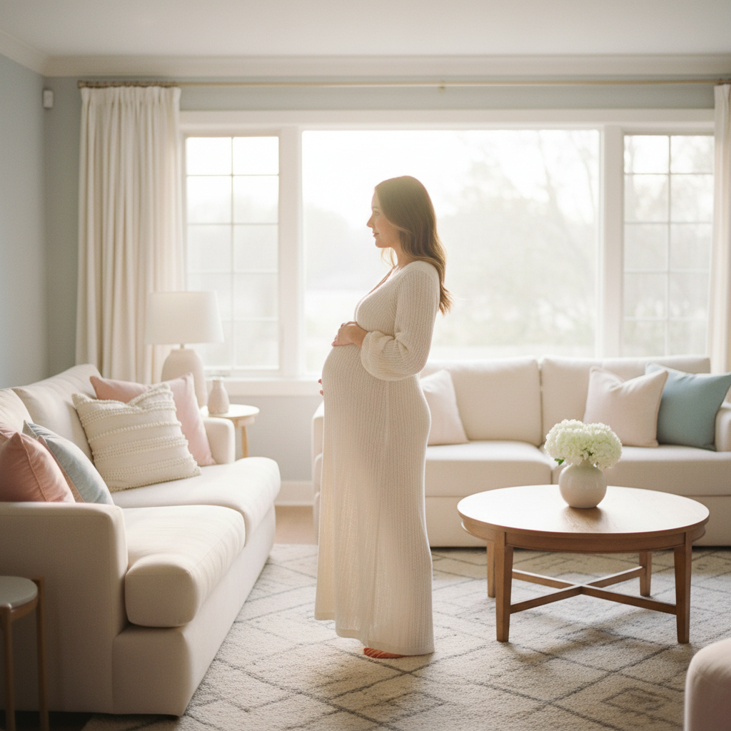 A pregnant woman embraces her belly near a bright window, capturing the anticipation of bonding before birth.