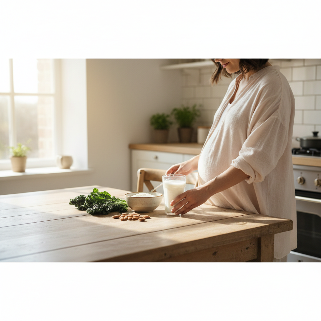 Pregnant woman preparing calcium-rich foods and milk at a sunny kitchen table.