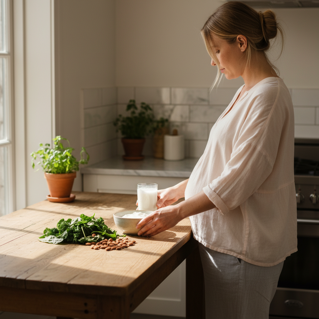 Pregnant woman preparing calcium-rich foods and milk at a sunny kitchen table.