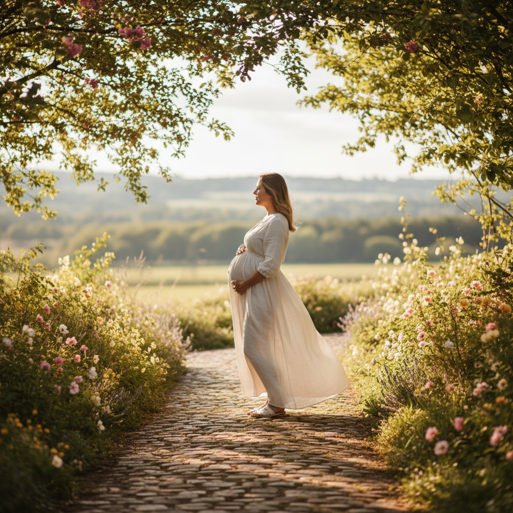Pregnant woman on a sunlit garden path, side profile, conveying the unique reality of the second trimester.