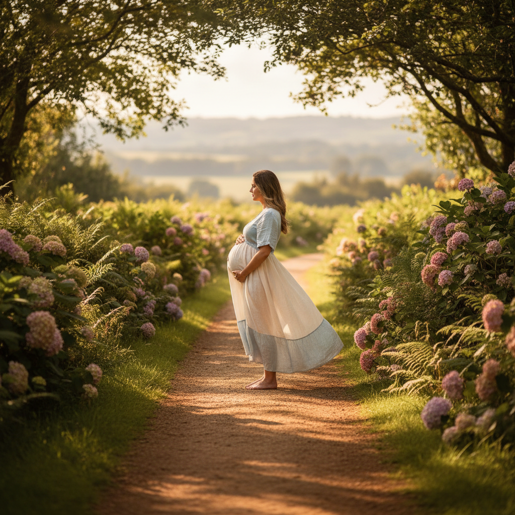 Pregnant woman on a sunlit garden path, side profile, conveying the unique reality of the second trimester.