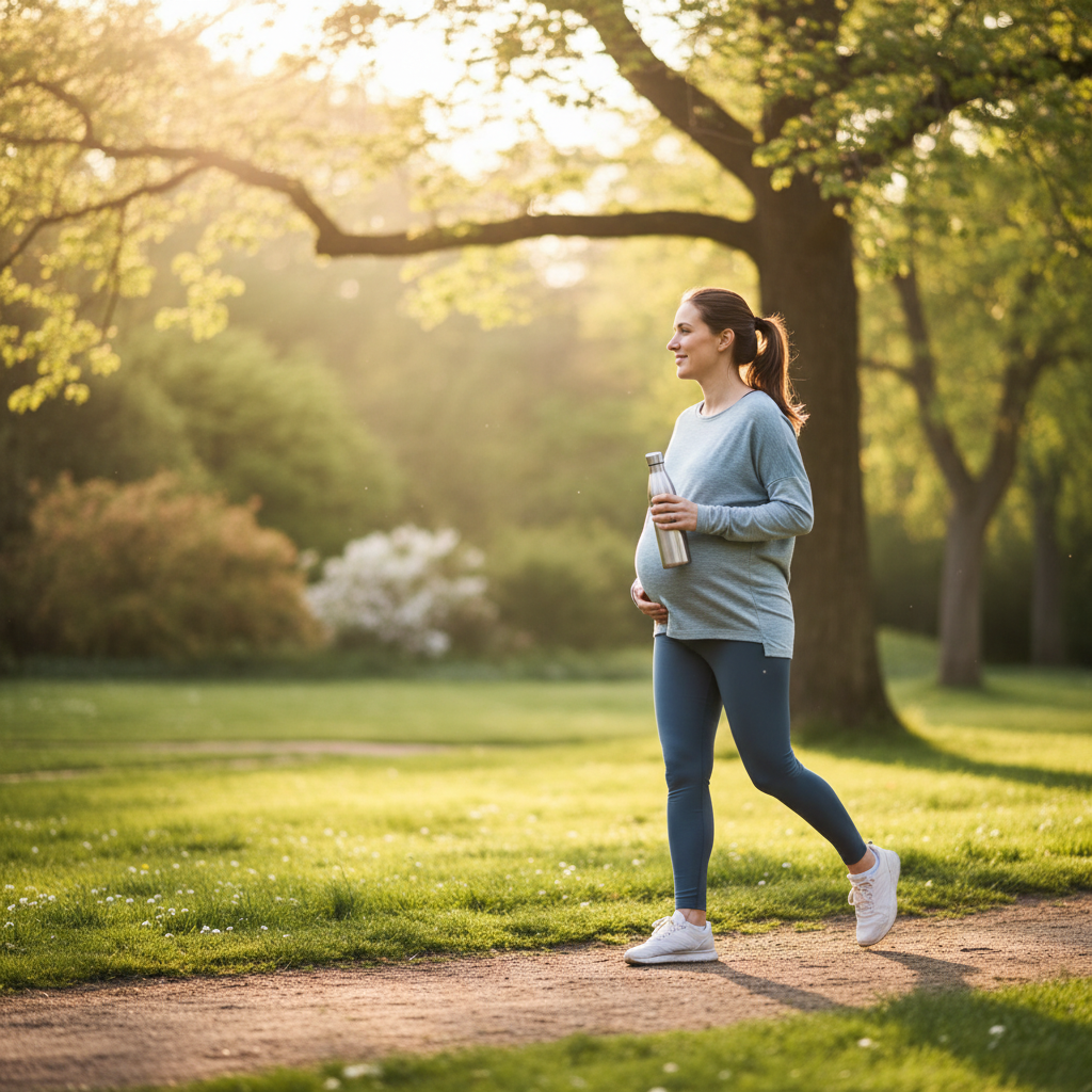 Pregnant woman walking in a sunny park, wearing activewear and holding a water bottle during her second trimester.