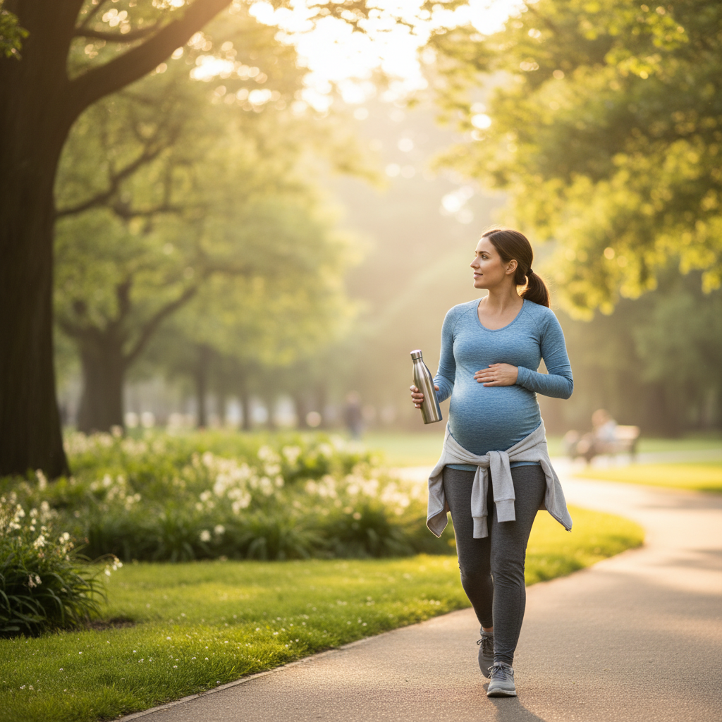 Pregnant woman walking in a sunny park, wearing activewear and holding a water bottle during her second trimester.