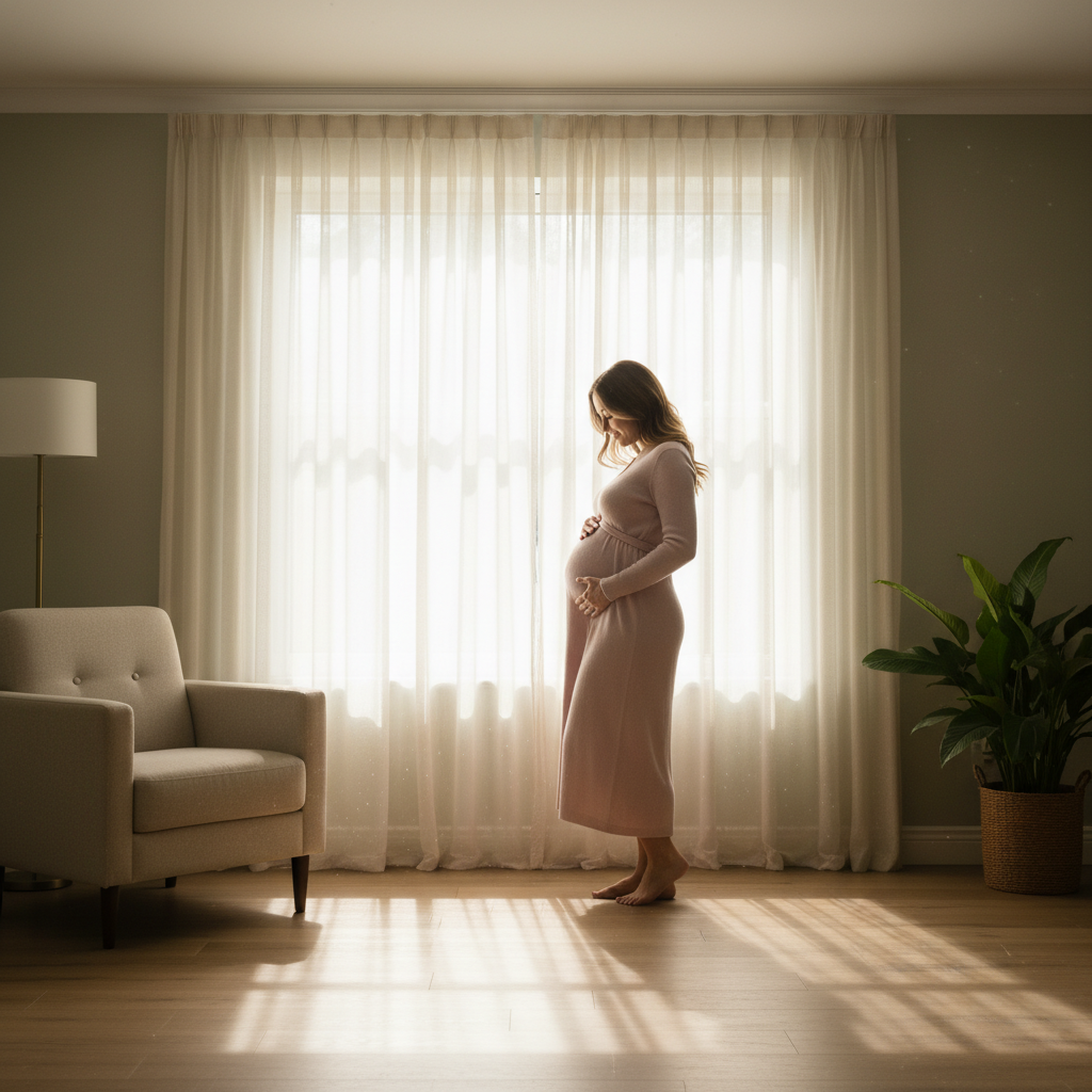 Pregnant woman by a sunlit window, gently touching her belly in a warm, hopeful scene.
