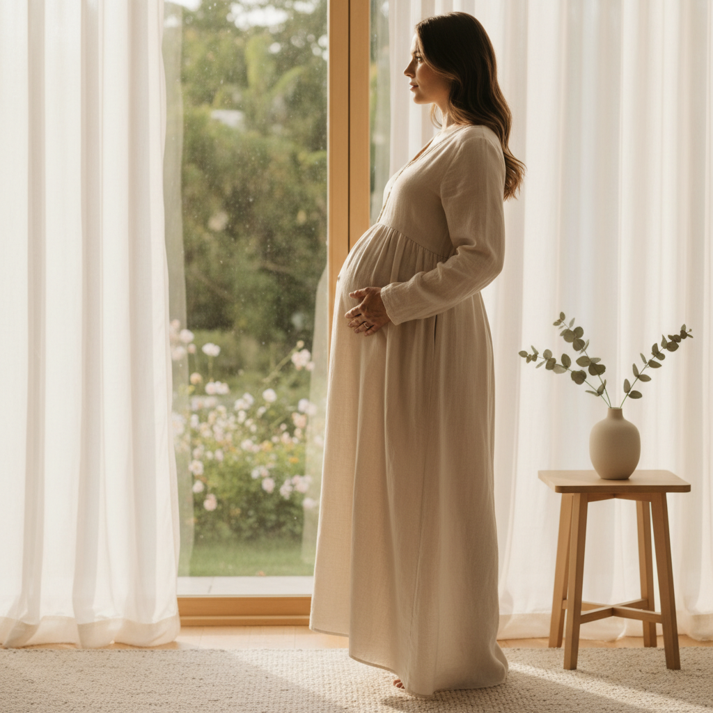 Pregnant woman by a sunlit window, gently touching her belly in a warm, hopeful scene.