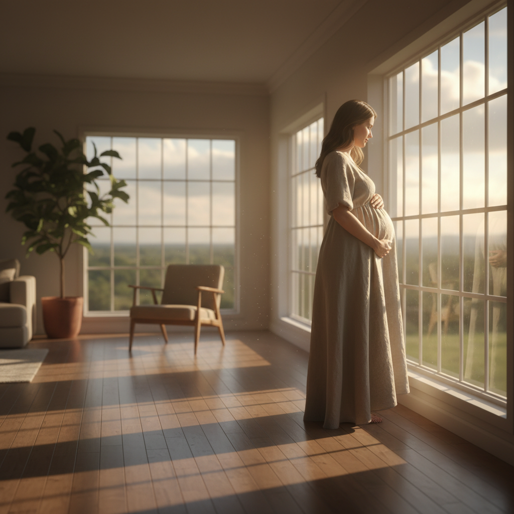Pregnant woman by a sunlit window, hands on belly, soft natural light, peaceful and thoughtful setting.