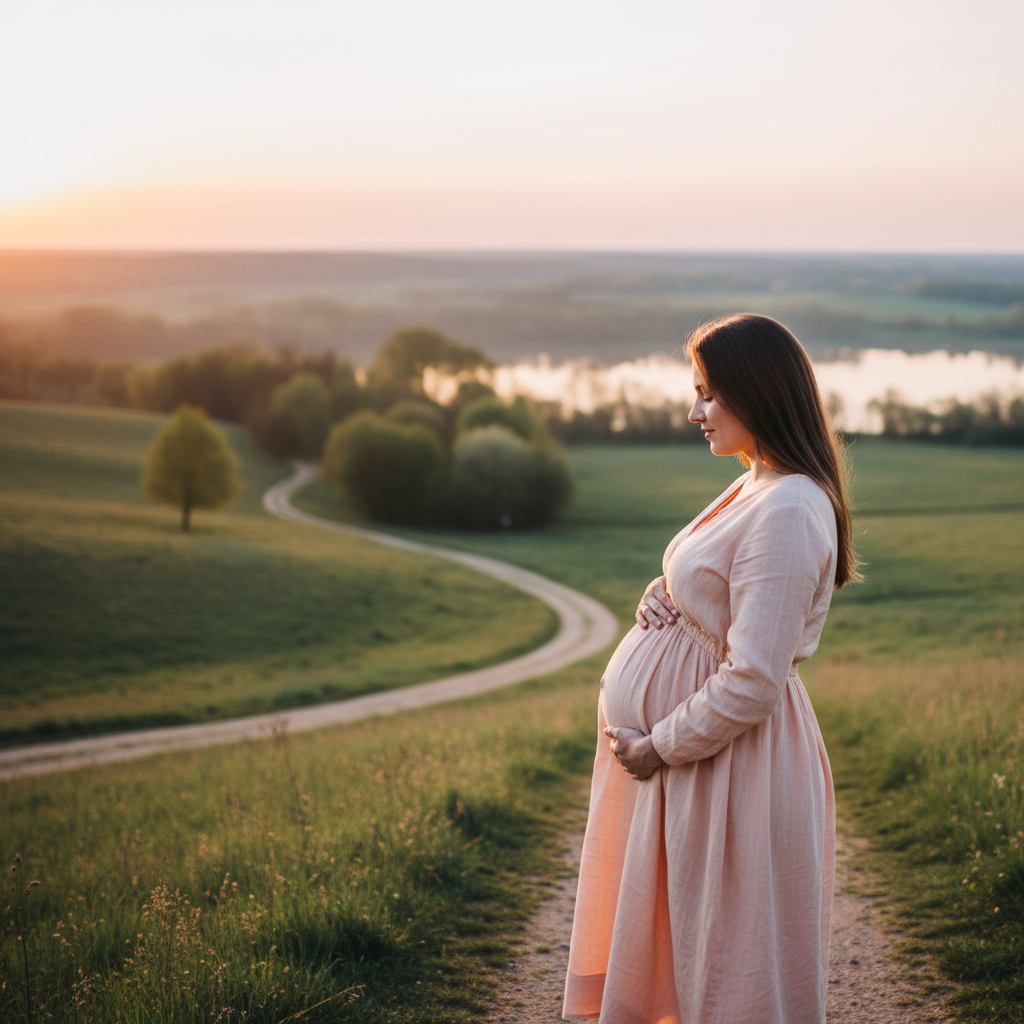 Pregnant woman in a peaceful landscape at sunrise, hands on belly, symbolizing mental preparation for parenthood.