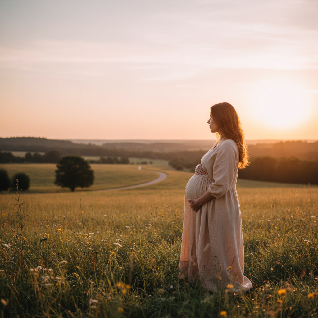 Pregnant woman in a peaceful landscape at sunrise, hands on belly, symbolizing mental preparation for parenthood.
