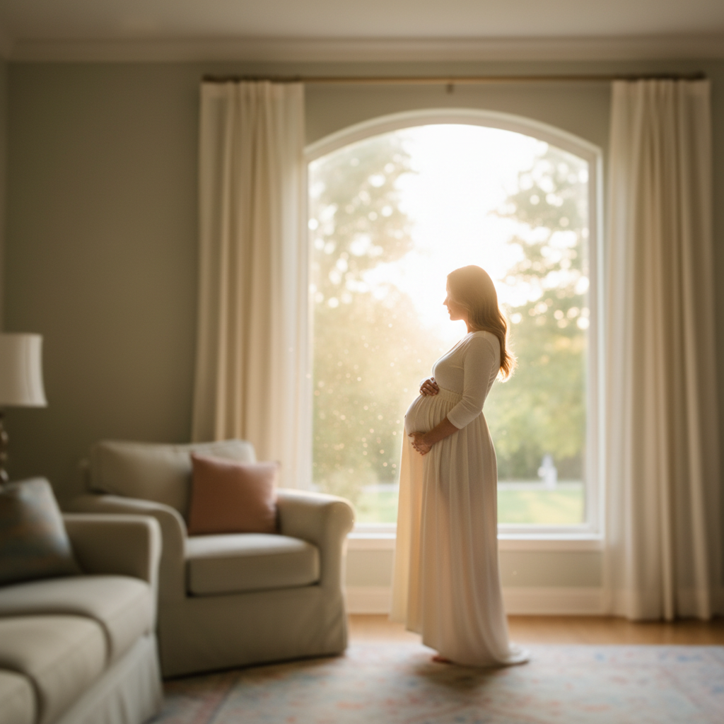 Pregnant woman standing near a sunlit window, gently holding her belly in a serene, bright home scene.