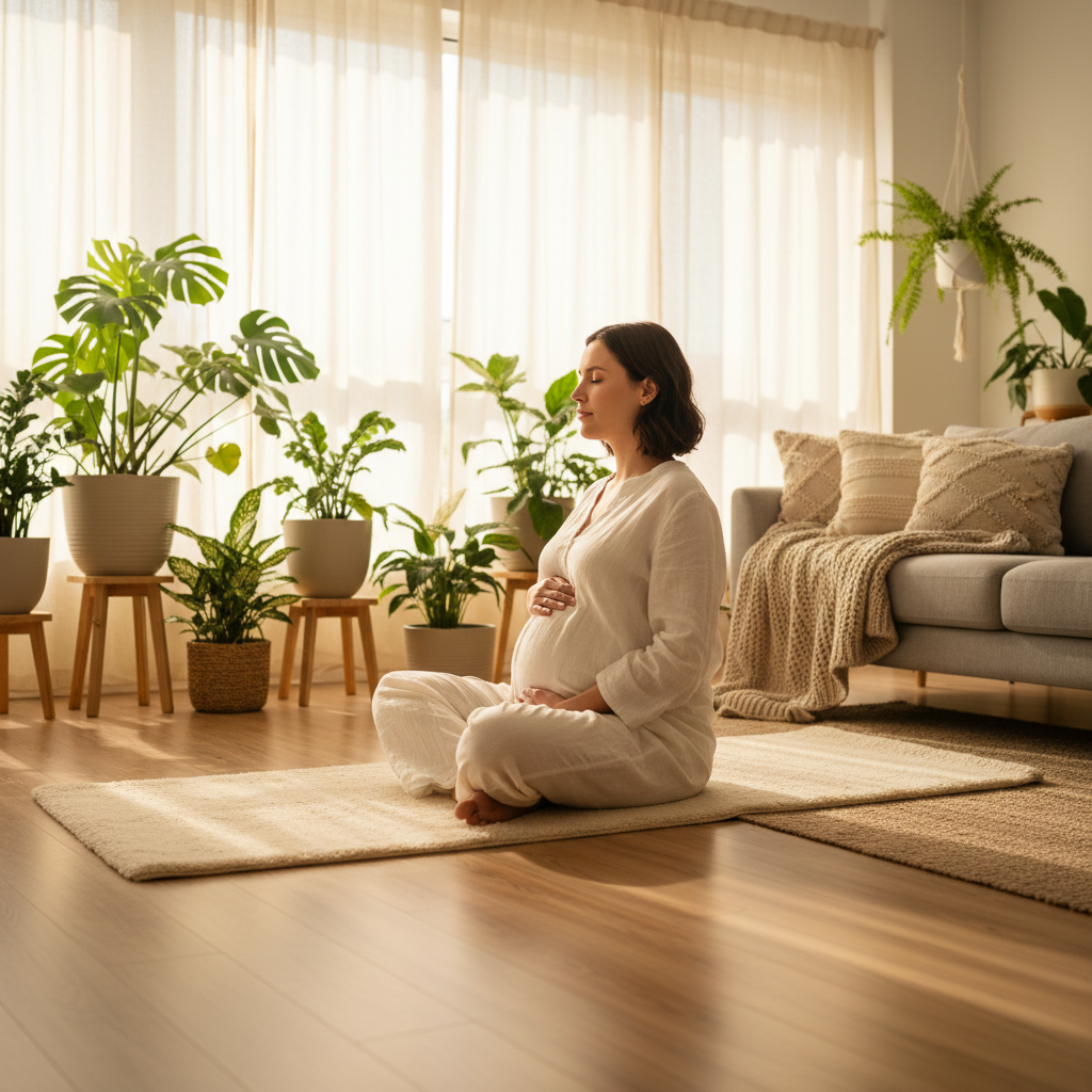Pregnant woman meditating cross-legged on a yoga mat in a sunlit living room, surrounded by calming decor.