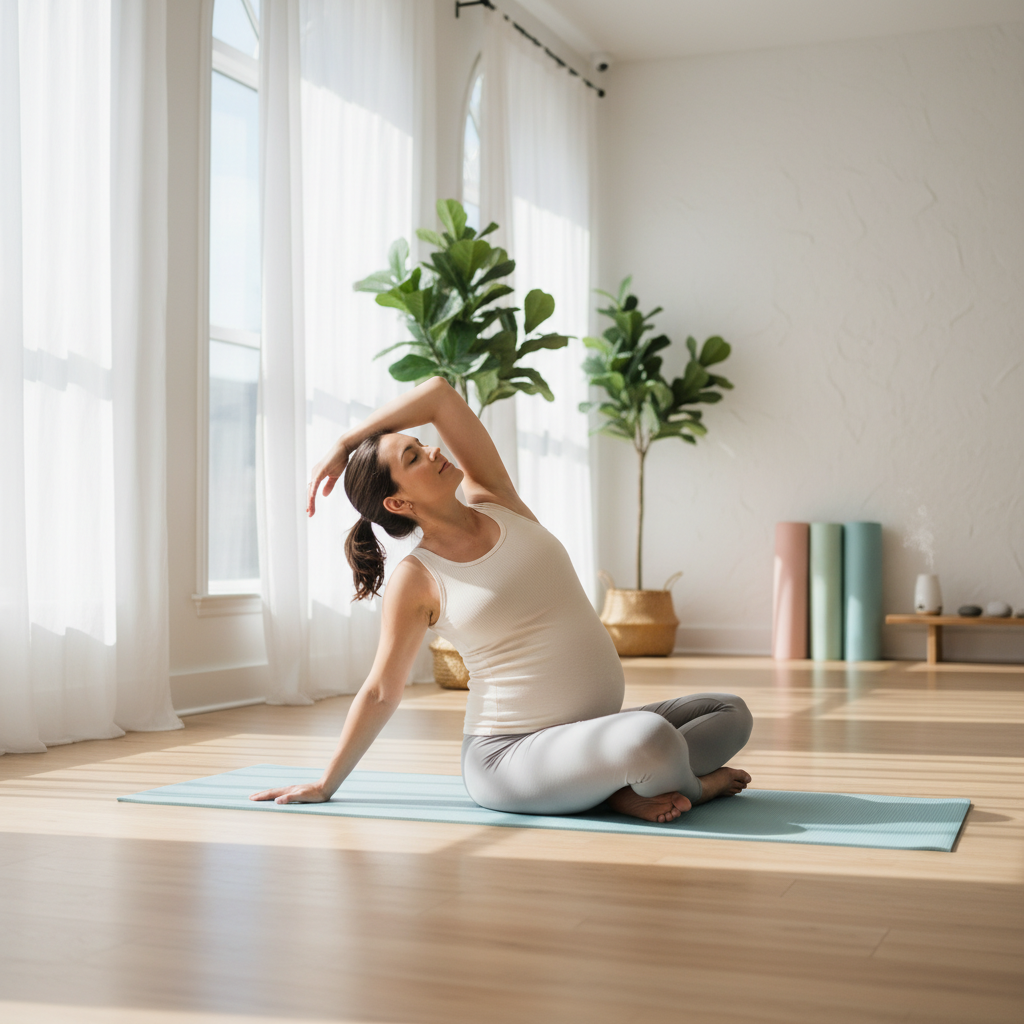 Pregnant woman practicing Pilates in a bright, calm studio, side profile, landscape format