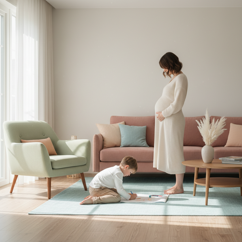 A pregnant mom and her young child share a quiet moment in a naturally lit living room.