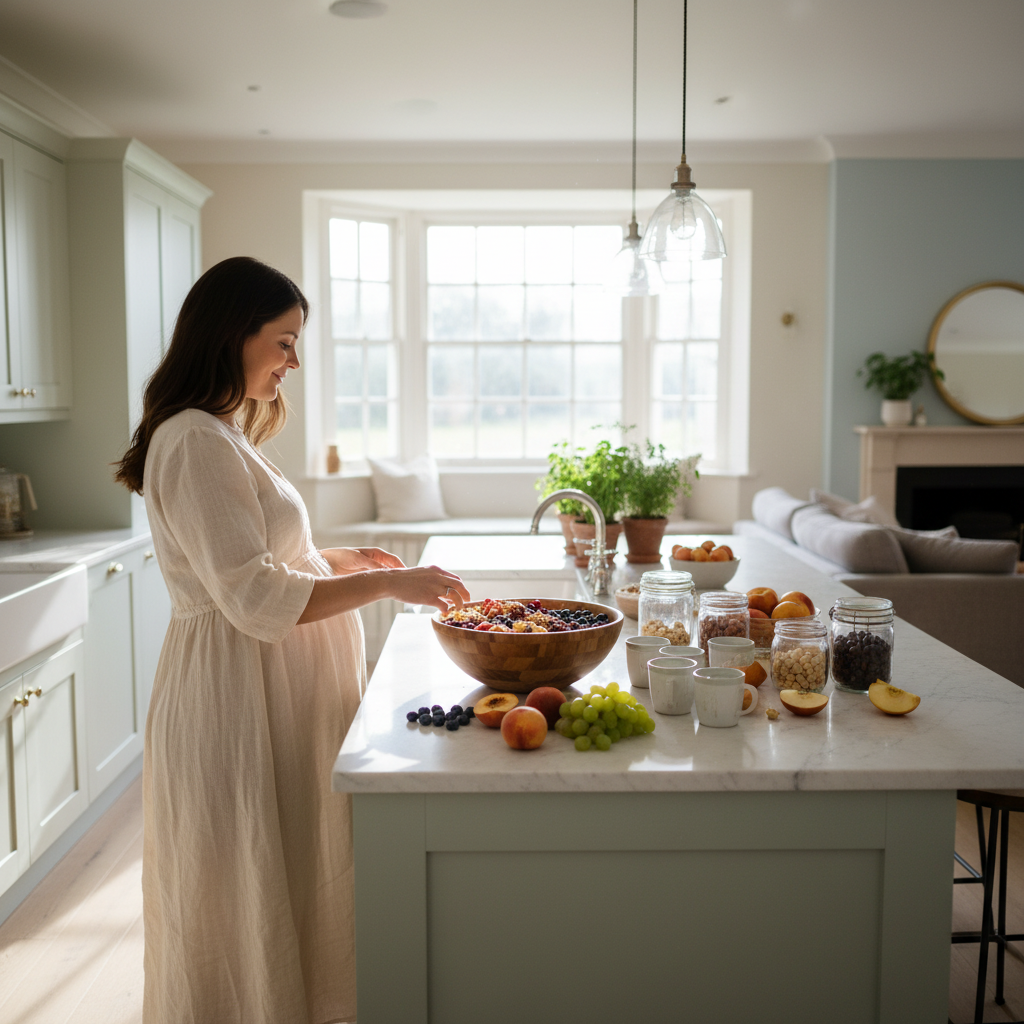 Pregnant woman reaching for a bowl of nourishing snacks in a sunlit kitchen.