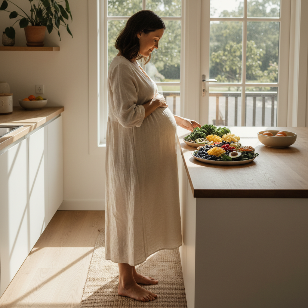 Pregnant woman in a sunlit kitchen preparing a plate of fresh, colorful food.