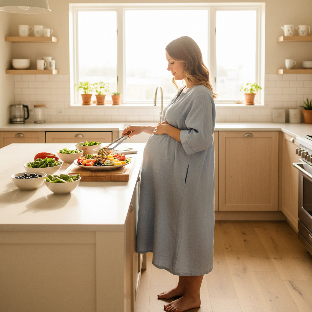 Pregnant woman in a sunlit kitchen preparing a plate of fresh, colorful food.