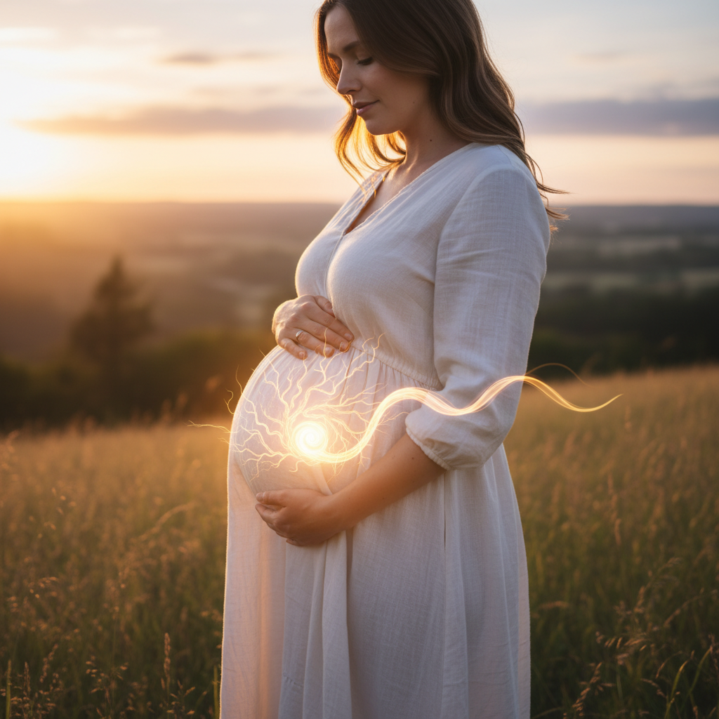Pregnant woman in sunlight cradling her belly, illustrating the vital role of the placenta and umbilical cord.