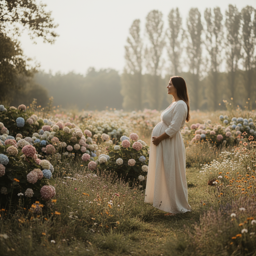 Cinematic horizontal image of a pregnant woman gently holding her belly, standing in a sunlit park.