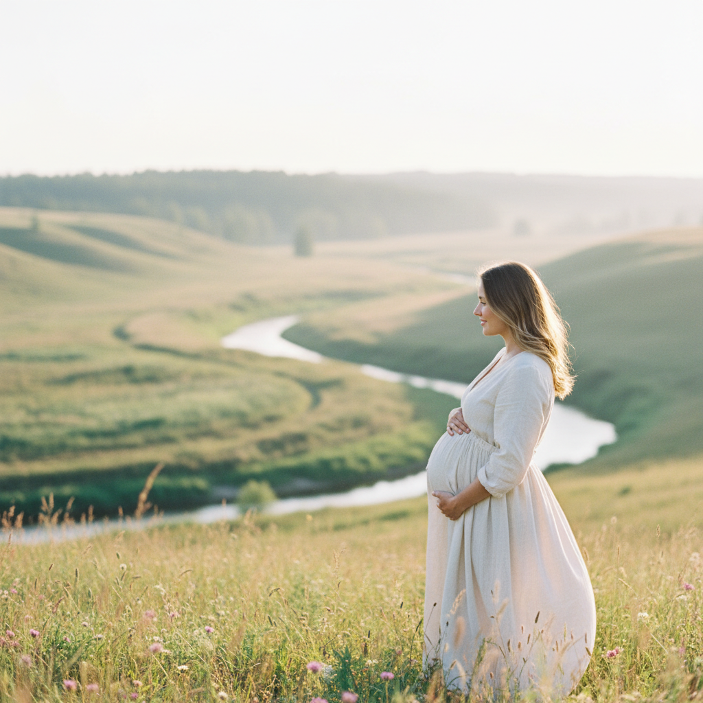 Pregnant woman calmly touching her belly outdoors, symbolizing reassurance about Braxton Hicks contractions.