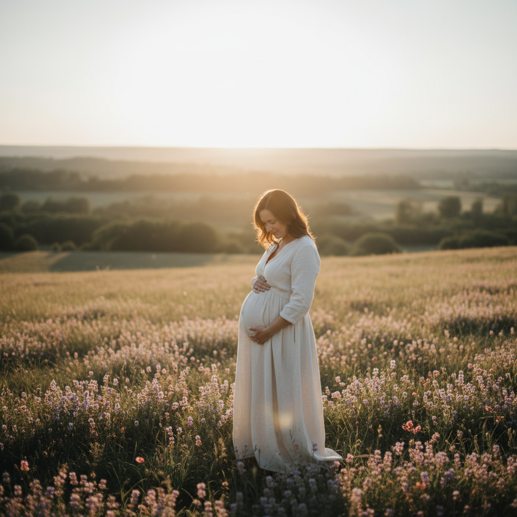 Pregnant woman calmly touching her belly outdoors, symbolizing reassurance about Braxton Hicks contractions.